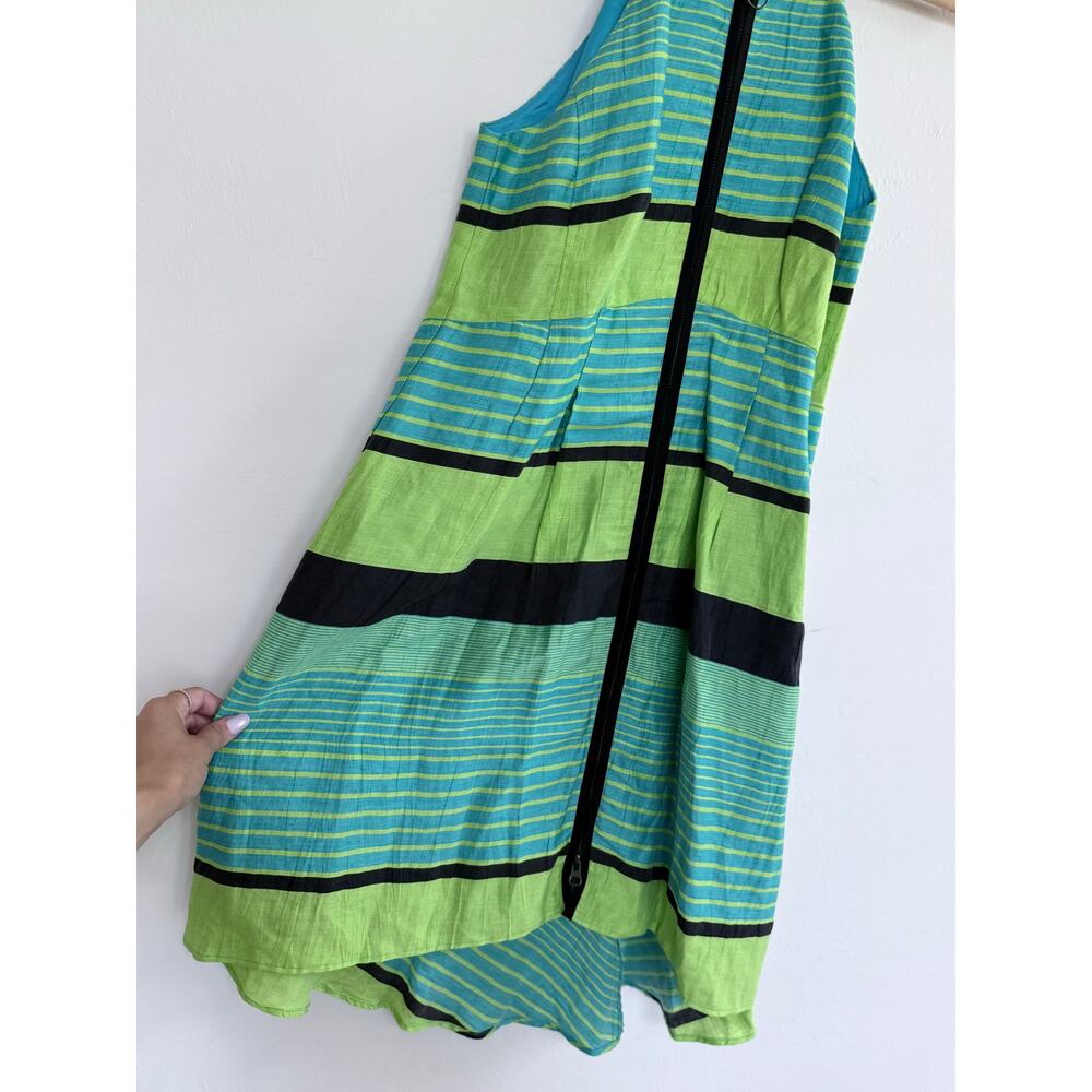NANETTE LEPORE kiwi green blue striped Y2K Bogatelle linen blend hi lo dress - Picture 5 of 11
